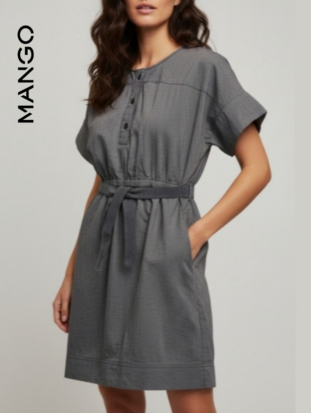 Sz S Mango 100% Cotton Pinstripe Button-Down Dress with Belt - Grey